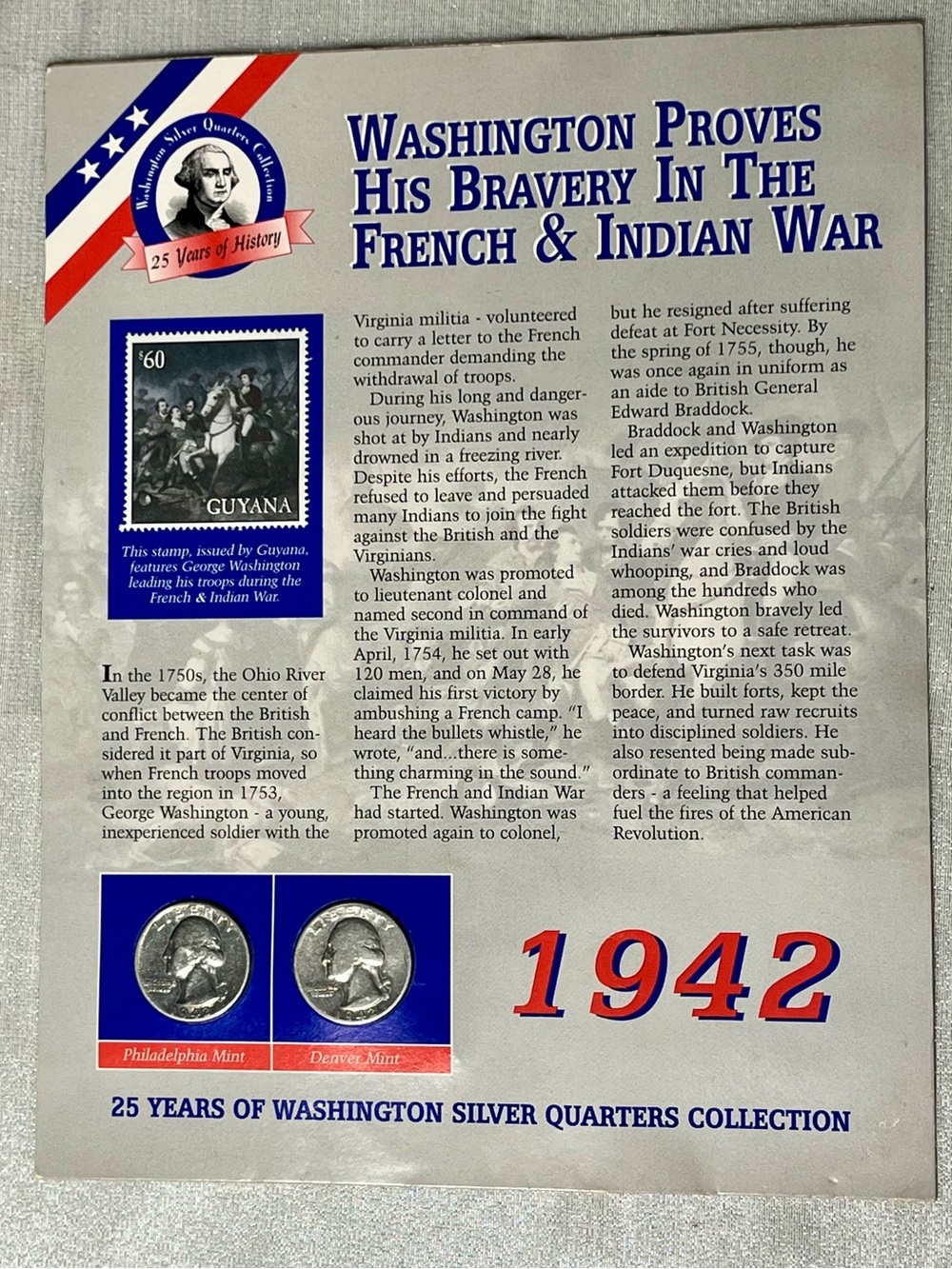 25 Years 1942 Washington Silver Quarters Collectible Display - Red, Blue, White